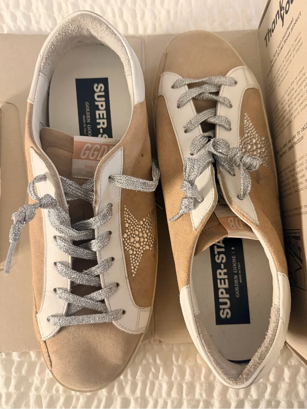 Golden Goose Beige Suede Sneakers with White Panels & Silver Laces